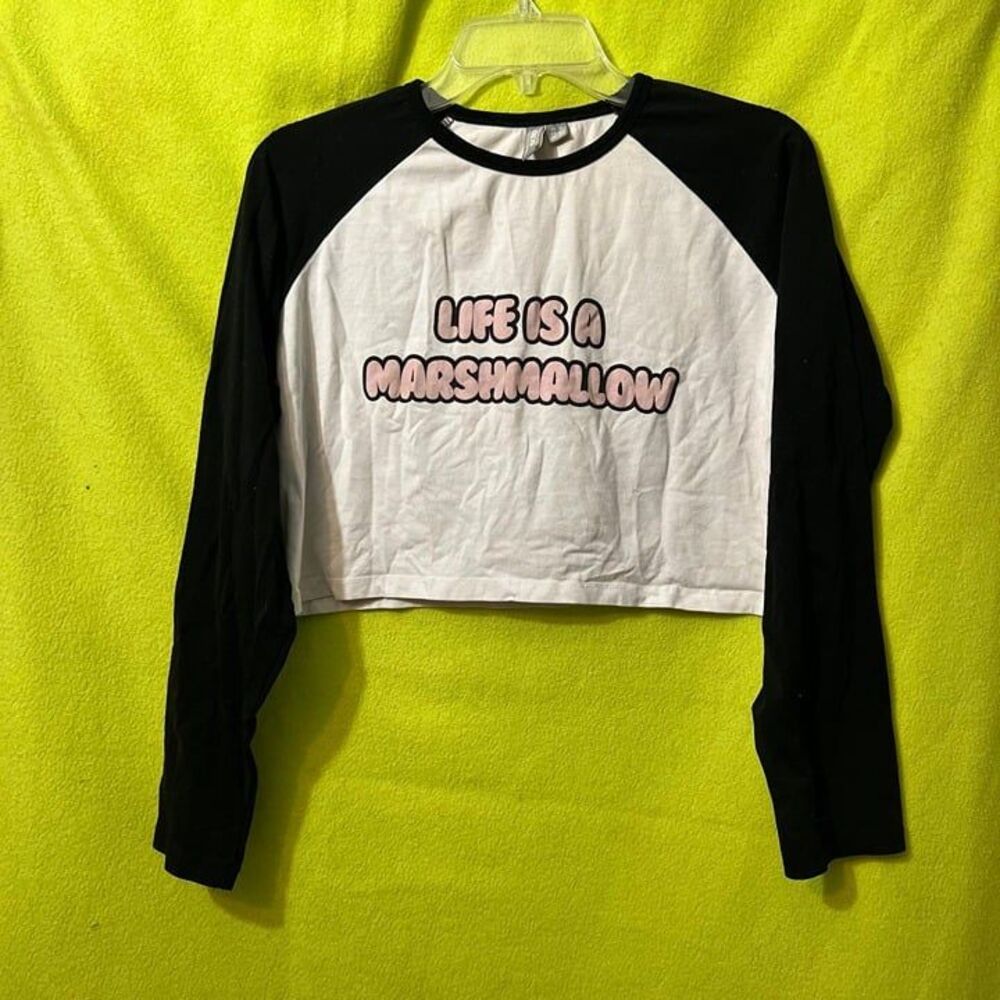 Asos Crop Baseball Tee Marshmallow Print 14 L Black White Pink